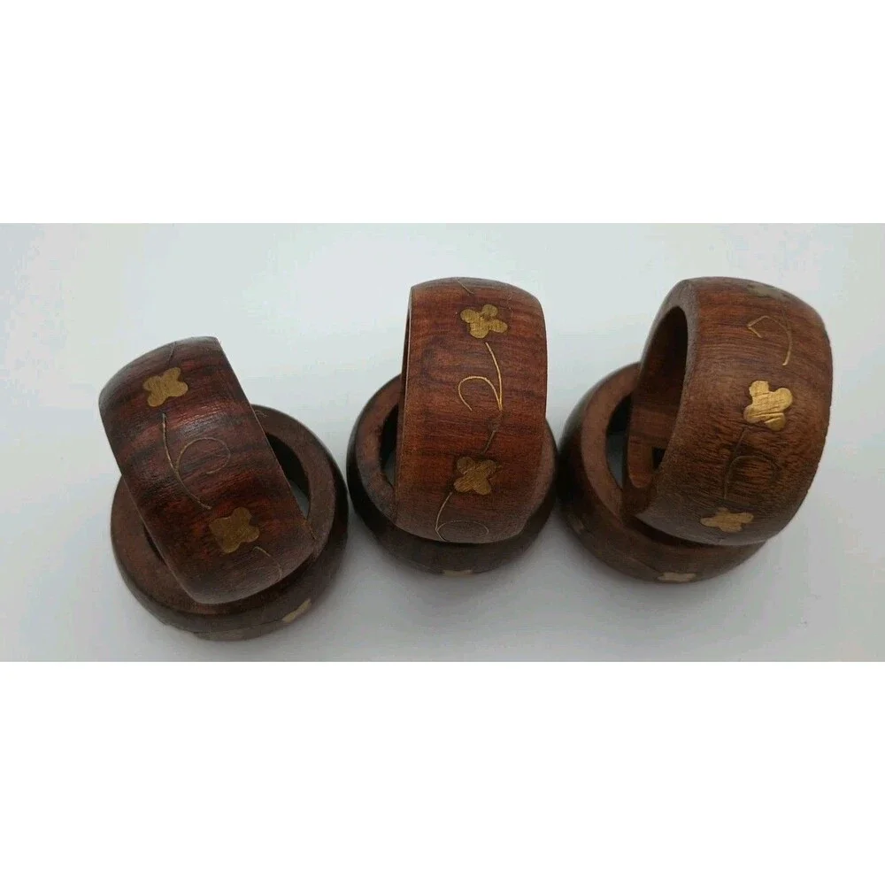 Wooden Napkin Rings Goldtone Inlay Napkin Holder SET OF 6 Handcrafted India